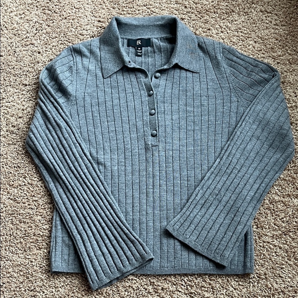 Banana Republic Gray Ribbed Extra Fine Merino Knit Collared Sweater - Size M